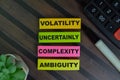 VUCA - Volatility Uncertainly Complexity Ambiguity write on sticky notes isolated on Wooden Table