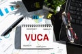 VUCA world concept on notepad. Volatility, uncertainty, complexity, ambiguity Royalty Free Stock Photo