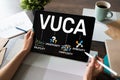 VUCA world concept on screen. Volatility, uncertainty, complexity, ambiguity. Royalty Free Stock Photo