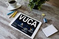 VUCA world concept on screen. Volatility, uncertainty, complexity, ambiguity.