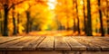 Vue en perspective d une table en bois avec un fond flou d arbres en automne Generative By AI