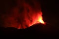 Panoramica del vulcano di Sicilia: Etna in eruzione durante la notte con sfondo scuro del cielo notturno Royalty Free Stock Photo