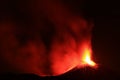 Panoramica del vulcano di Sicilia: Etna in eruzione durante la notte con sfondo scuro del cielo notturno