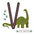 Vulcanodon. Letter V with reptile name.Hand drawn cute dinosaur.Educational prehistoric illustration.Dino alphabet.
