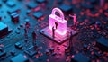 Vulnerability management, patching strategies. administrators deploy security patches with 3D glowing padlock on motherboard, Royalty Free Stock Photo