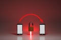 Vulnerable, unencrypted connection between mobile devices, concept. Two smartphones with red arrow and open padlock. Digital Royalty Free Stock Photo