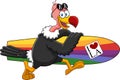 Vulture Bird Cute Cartoon Character Running With A Surfboard