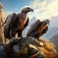 of vultures. Griffon Vulture Gyps fulvus big birds of prey sitting on the rocky mountain nature habitat Madzarovo Bulga Royalty Free Stock Photo