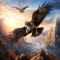 of vultures. Griffon Vulture Gyps fulvus big birds of prey sitting on the rocky mountain nature habitat Madzarovo Bulga Royalty Free Stock Photo