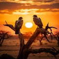 Vultures sitting on a tree at sunset, African eagle silhouette