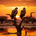 Vultures sitting on a tree at sunset, African eagle silhouette