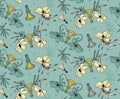 Vulva paradise plants, funny vagina pattern in greenery colors. Seamless repeat pattern design Hibiscus, peony tender flowers