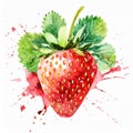 Vvid watercolor artwork of a fresh strawberry with splashes of red and detailed green leaves Royalty Free Stock Photo