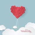 Paper art of heart balloon flying with scattering little heart in the sky, origami and valentine`s day concept, vector art and ill