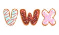 VWX Cookie Alphabet Letters, Sweet Glazed Baking Biscuit Font Cartoon Vector Illustration