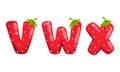 VWX Ripe Fresh Strawberry Alphabet Letters, Tasty Bright Jelly Red Berry Font Cartoon Vector Illustration