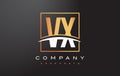 VX V X Golden Letter Logo Design with Gold Square and Swoosh.