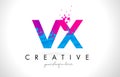 VX V X Letter Logo with Shattered Broken Blue Pink Texture Design Vector.