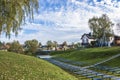 Vyatkoye Village, Yaroslavl Region, Russia - 10/02/2018: Pop platform with two rows of blue benches on October 2, 2018, Vyatkoye Royalty Free Stock Photo