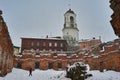 Old town ruins with the Clock Tower in Vyborg in winter Royalty Free Stock Photo