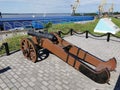 Vyborg. Russia. 06.08.2021.A copy of an artillery cannon from the time of Peter 1 on the observation deck of the exhibition center
