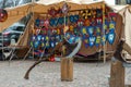 Vyborg, Russia-May 1, 2021:  Medieval fair on the market square in Vyborg. The executioner`s block and moulage axe in front. Royalty Free Stock Photo