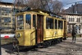 VYBORG, RUSSIA - Tramway Monument, free rider and conductor. Old tram-cafe