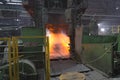 Vyksa, Russia: 12.23.2018. Steel press rolling industrial workshop. Hot iron stamping of train and wagon wheels. Industrial