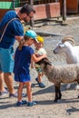 Vyskov, Czech Republic - 4.7.2021: Parents and kids are touching and feeding the goats at small farm Royalty Free Stock Photo