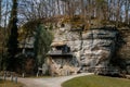 Vysoka Bosyne, Czech Republic, 19 March 2022: Rock apartment cellars of a medieval castle, formation and protected landscape area