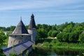 `Vysokaya` and `Ploskaya` towers of Pskov Kremlin. Pskova river`s estuary. Pskov, Russia Royalty Free Stock Photo