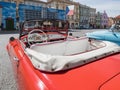 VYSOKE MYTO, CZECH REPUBLIC - Sept. 09. 2018. White leather interior of the historic cabrio Skoda Felicia. Historical red car Skod