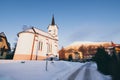 Vysoke Tatry, Slovakia - December 2019: view over evangelical church and High Tatra mountains in Stary Smokovec