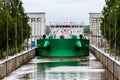 Vytegra, Russia - August 16, 2015: Cargo ship entered the White Sea-Baltic Canal Gateway. It connects the White Sea, in the Arctic