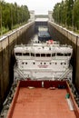 Vytegra, Russia - August 16, 2015: Two cargo ships entered the White Sea-Baltic Canal Gateway Royalty Free Stock Photo