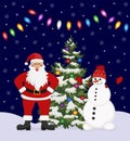 A company of cheerful Santa Claus and a happy snowman on the background of a Christmas tree and bright lights Royalty Free Stock Photo