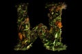 W alphabet letter made out of leaves plants and flowers isolated on black background illustration generative ai Royalty Free Stock Photo