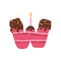 W - Birthday cake with icing, candy sprinkles. Biscuit with cream carved in the shape of the English letter. Vector