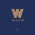 W flat logo. W wood emblem. Letter W with a wooden texture.