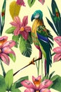 Colorful illustration of bird, flowers, leaves. Vector for wallpapers, fabrics, greeting cards, wedding invitations, banners. Royalty Free Stock Photo