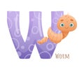 W letter and cute worm baby animal. Zoo alphabet for children education, home or kindergarten decor cartoon vector Royalty Free Stock Photo