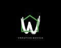W Letter Logo. Green House Shape Interlock With Grungy Letter W Design, Real Estate Architecture Construction Icon Design
