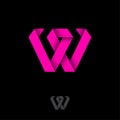 W monogram. W origami logo. W letter like ribbon on a black background.