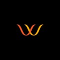 W monogram. W letter. Orange and yellow ribbons. Two intertwined waves.