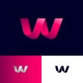 W monogram. W origami logo. W letter like bent pink silk ribbon on a different backgrounds.