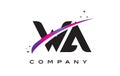 WA W A Black Letter Logo Design with Purple Magenta Swoosh