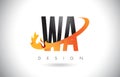 WA W A Letter Logo with Fire Flames Design and Orange Swoosh.