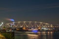 Waal bridge cityscape at night, The Netherlands