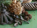 A Wabi Sabi Forager`s Table with Antiquities and Natural Elements like Pine Cones and Dried Hydrangea Flowers