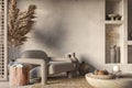 Wabi sabi living room interior. Interior mockup, 3d render